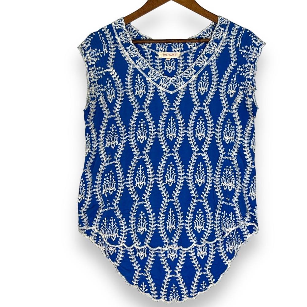 Solitaire Embroidered Top Blue White Bohemian Blouse Vintage Coquette Lace S